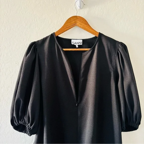 GANNI Black Puff Sleeve Mini Dress Size 42 EU Balloon Sleeve Shift Dress - Picture 6 of 7